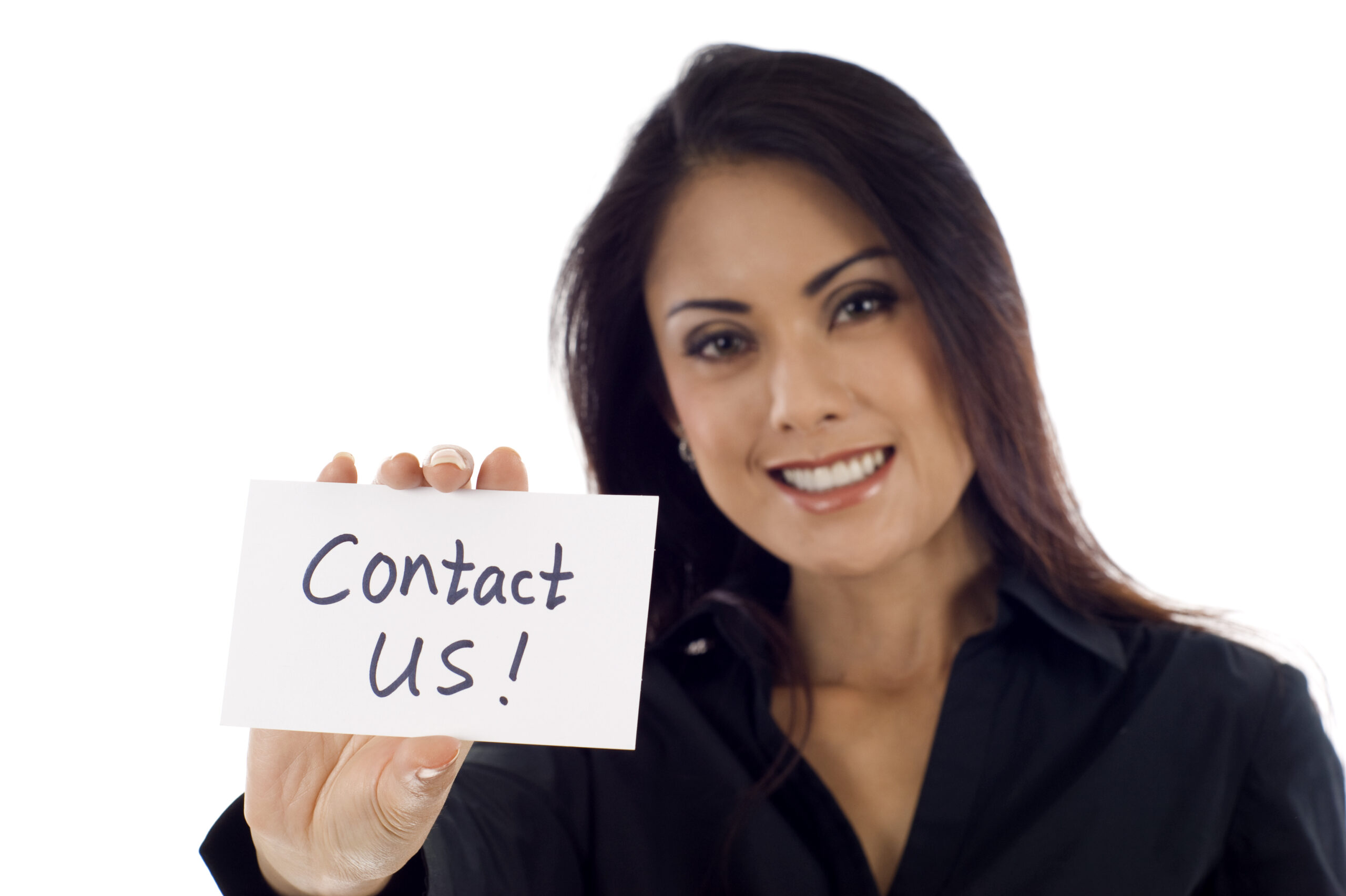 woman holding card with contact us text and smiling