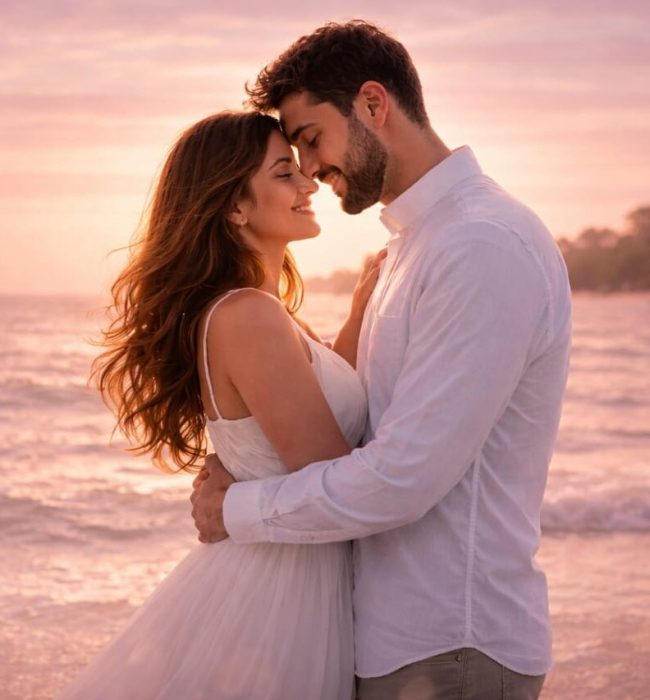 couple hugging on beach during sunset